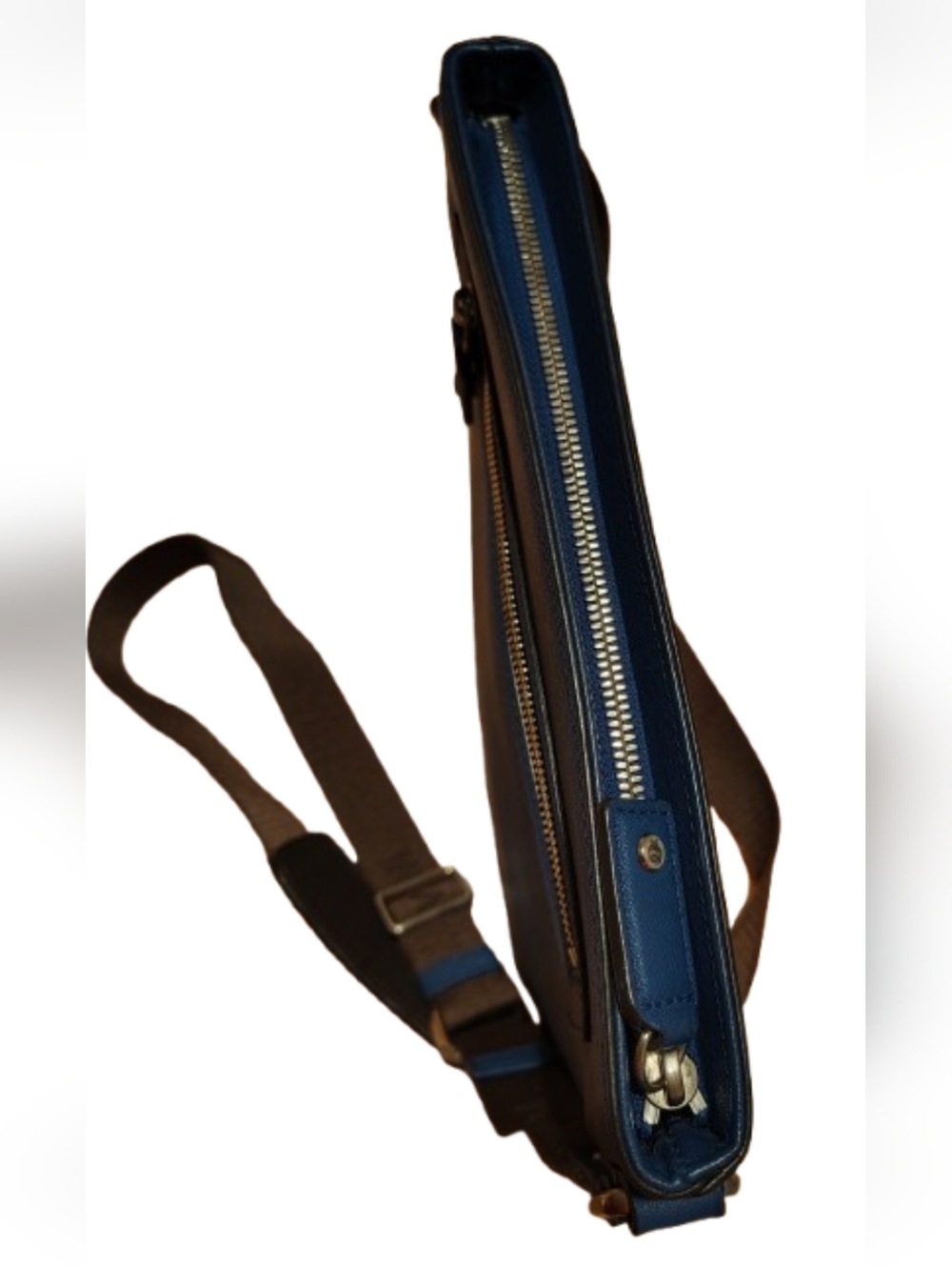 MCM Crossbody Messenger Bag - Blue Leather & Brown Strap - Picture 7 of 14